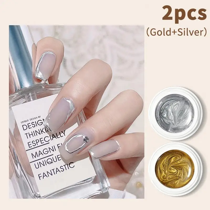 Metallic Nail Gel Polish 2Pcs Gold Silver Mirror Effect High Pigment Long Lasting for DIY Nail Art