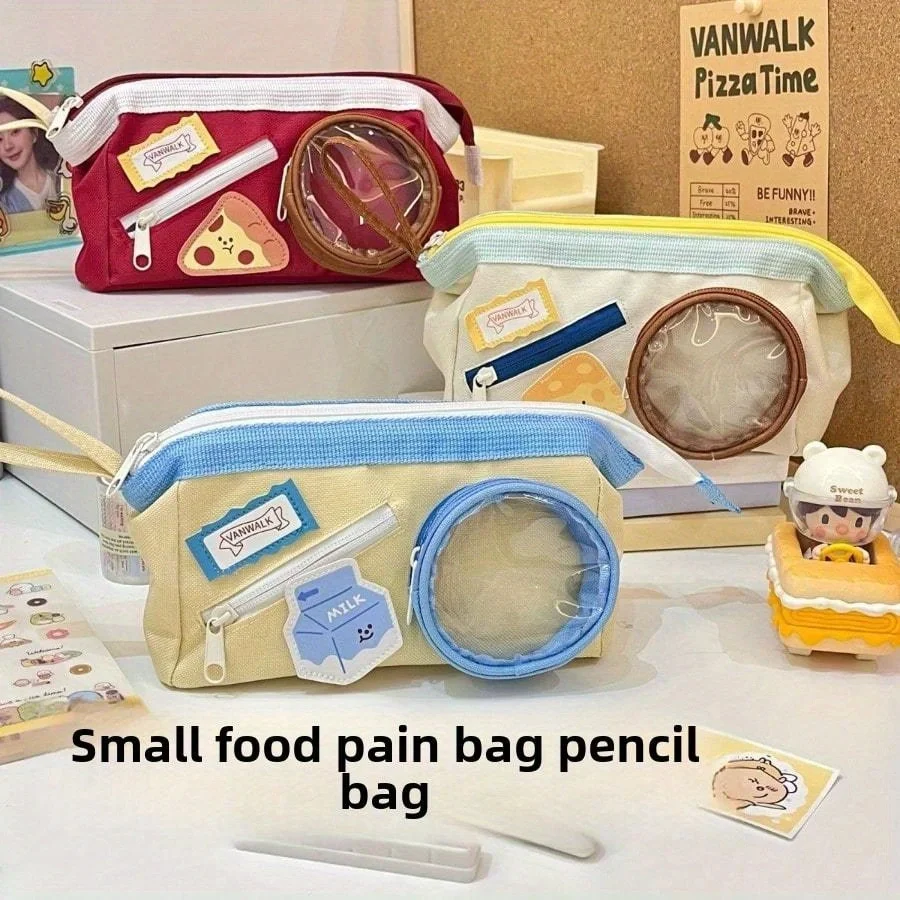 Kawaii Pizza Milk Pencil Bag with Transparent Window, Large Capacity Canvas Pencil Case Multi Pocket Zipper Pen Pouch, Cute Stud