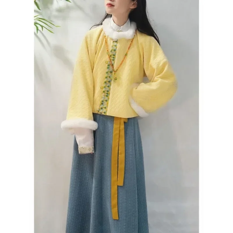 Winter Traditional Chinese Tang Dynasty Style Hanfu Dress Green Fleece Long Sleeved Cost Walnut Skirt Vêtements Chinois Femme