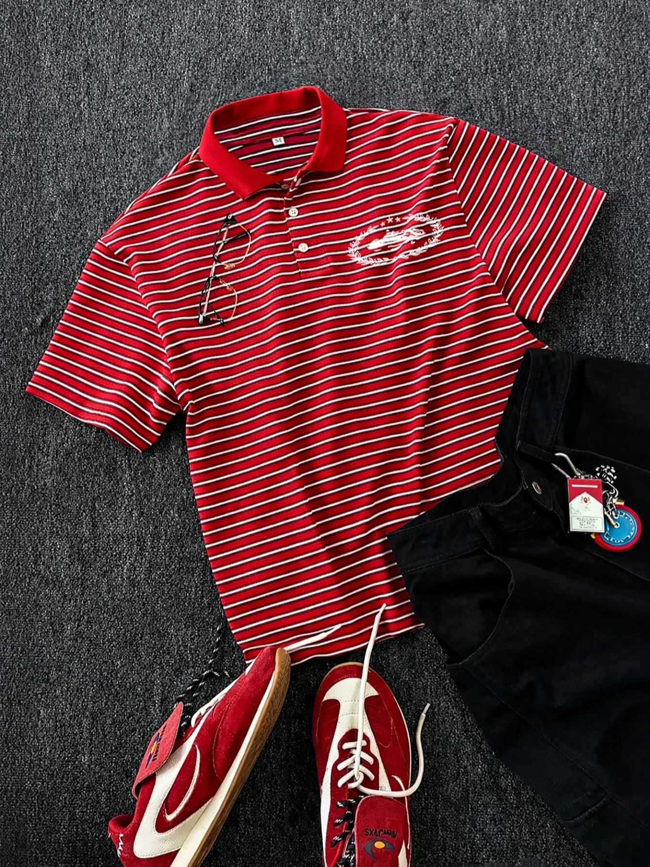 Vintage Red Stripe Polo Shirt | Street Style Oversized Half Sleeve Tee