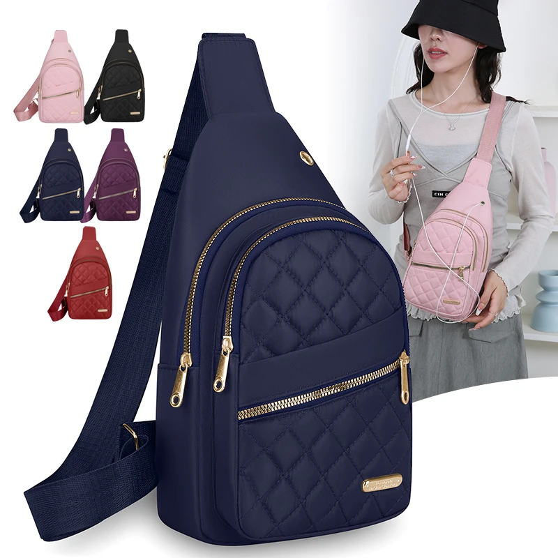 Quilted Diamond‑Pattern Women Chest Sling Bag, Multi‑Compartment Oxford Crossbody Pack, Lightweight Casual Mini Shoulder Bag
