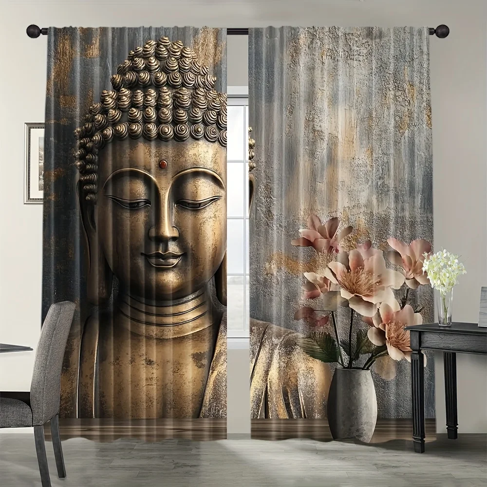2pcs peaceful Buddha face curtain with golden statue and floral design for living room privacy and decor spiritual zen style