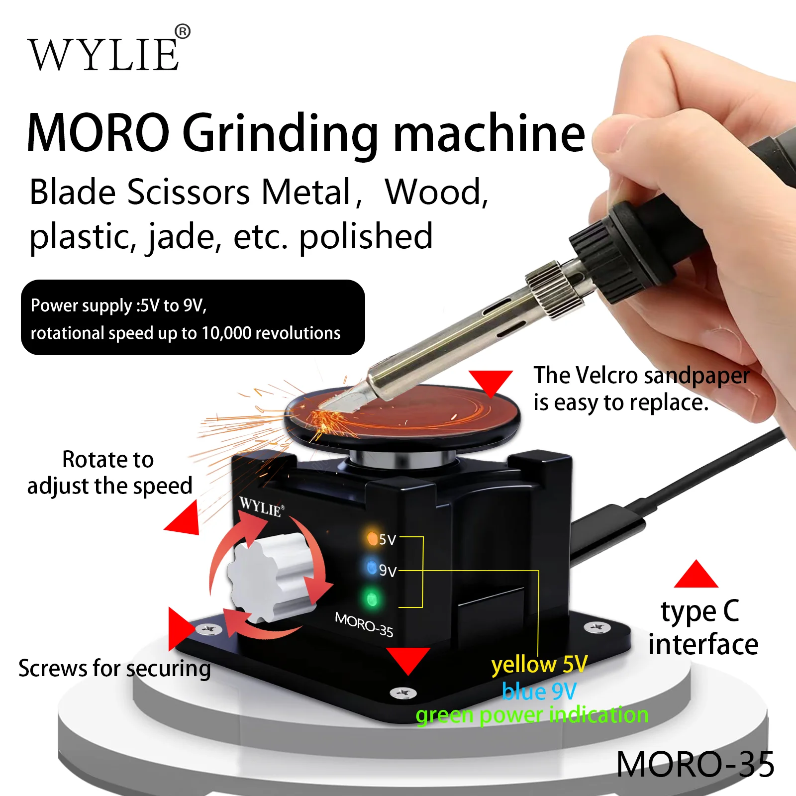 WYLIE MORO-35 Grinding Machine 5V-9V with Type-C Interface for Tweezers Blades Sharpening and Polishing Metal Wood Plastic Tool