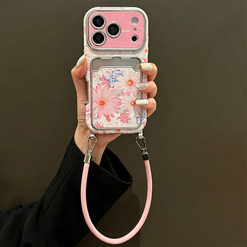 Pink Floral Faux Leather Texture Card Holder Phone Case with Crossbody Lanyard for iPhone 16, 15, 14, 13, 12, 11 Pro Max view 3