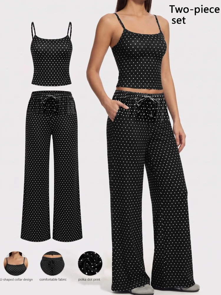 Women Polka Dot Yoga Set Long Pants Stretchy Halter High Waist Flare Yoga Pants Tummy Control Butt Lifting Wide Leg Trousers
