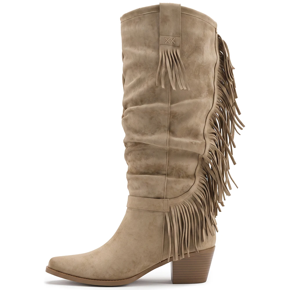 2026 Winter Fashion Women Knee High Boots Tassel High Chunky Heels Lady Party Shoes Large Plus Size 11 43 45 48 Non-slip