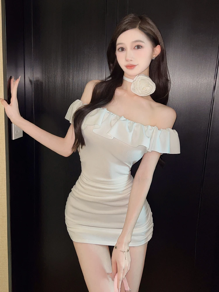 

Сексуальное облегающее платье-мини с одним открытым плечом, оборками и эффектом утяжки, в стиле Spicy Girl, с запахом сзади