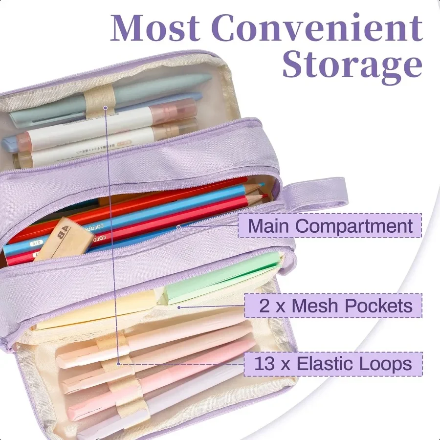 ピンクの大容量ペンケース、4つのコンパートメント付き、ジッパーと持ち手付き、ティーンや大人向けの美的ペンバッグ