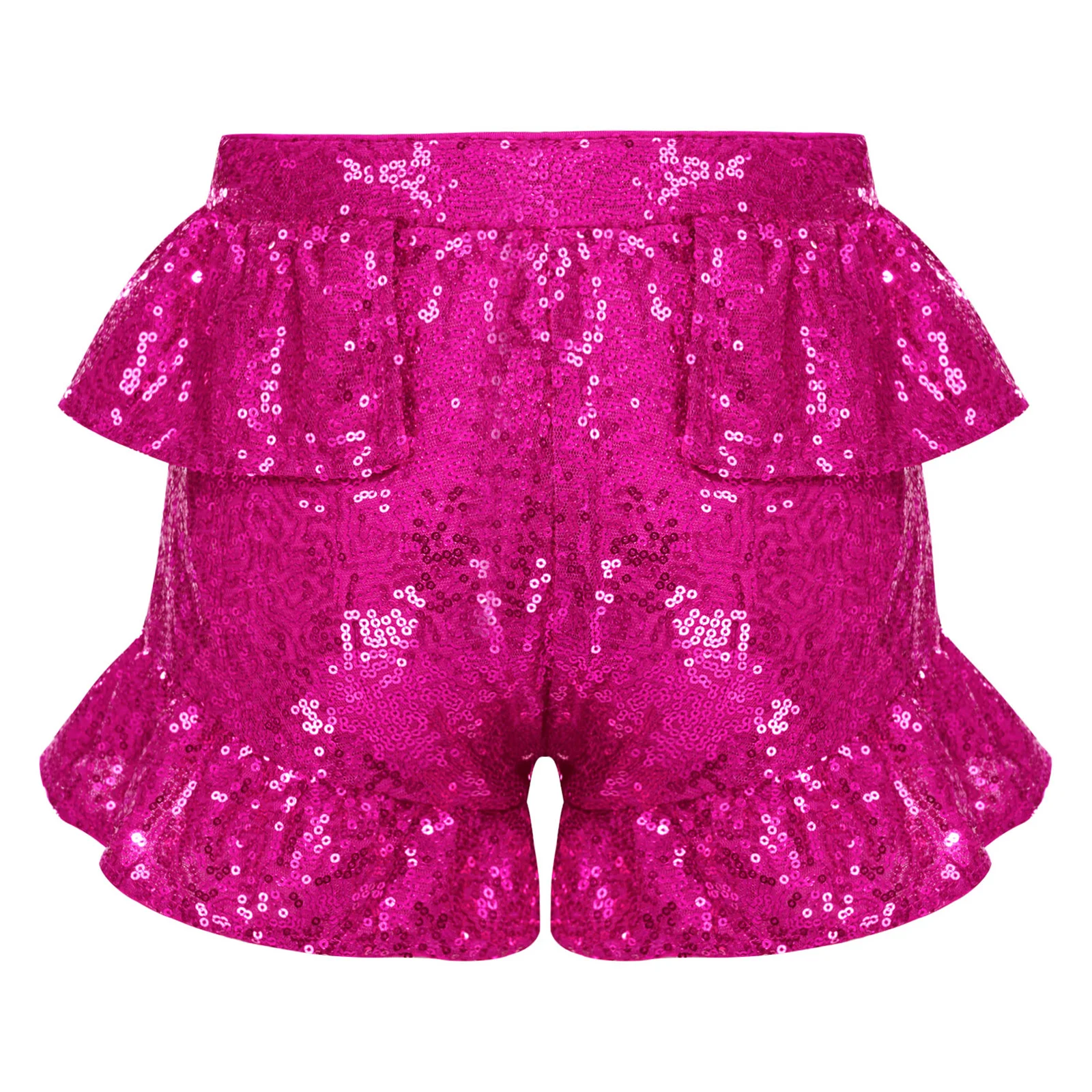 Kid Girls Glitter Ruffled Trims Shorts Allover Sequins Elastic Waistband Fully Lined Shorts Jazz Tango Dance Performance Costume