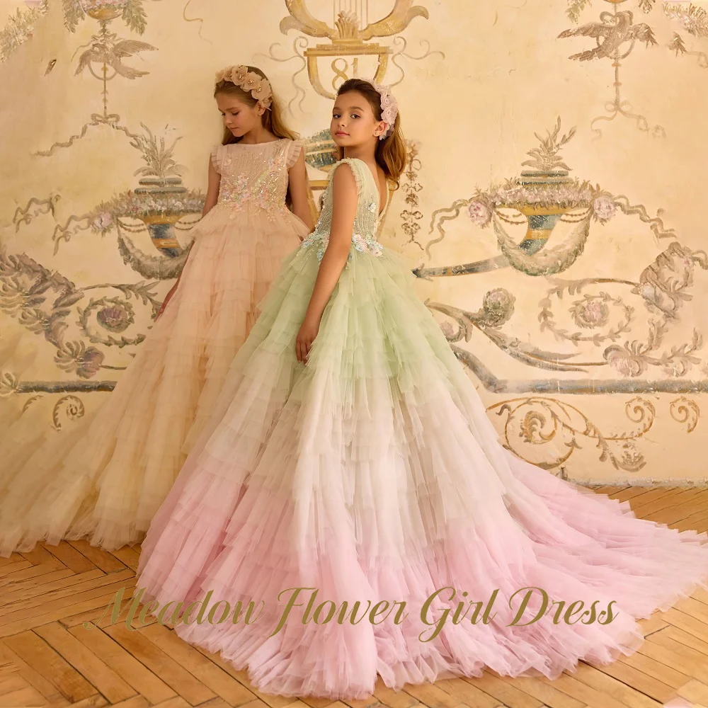Meadow Green Pink Gradient   Flower Girl Dress Round Neck Sleeveless Kids Birthday Party Dress with 3D FlorTutu Fluffy Prom Gown