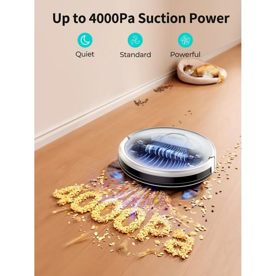 مكنسة كهربائية وممسحة بقوة 4000 باسكال، تحكم APP Alexa، حل تنظيف 3 في 1 مع شحن تلقائي، مثالي لشعر الحيوانات الأليفة،