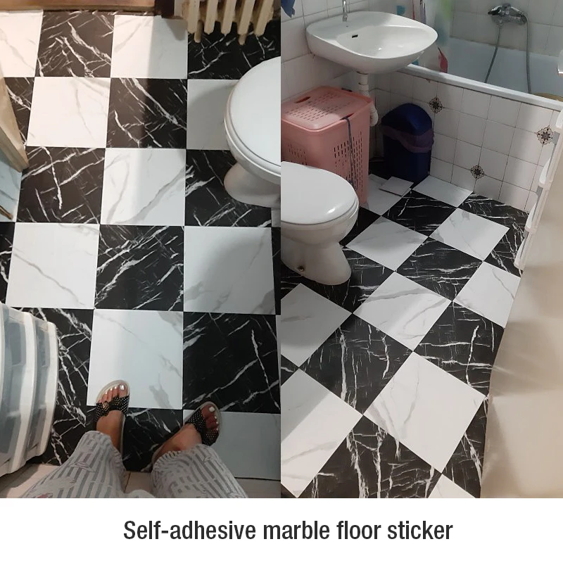 Pegatina de suelo de azulejo de mármol simulado, sala de estar autoadhesivo impermeable de PVC para, inodoro, cocina, decoración de suelo del hogar,