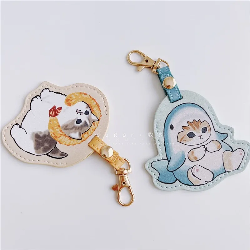 Kawaii Cartoon Shark Cat Mofusand Leather Waterproof Access Control Sensor IC Card Holder Cute Cartoon Creative Keychain Pendant