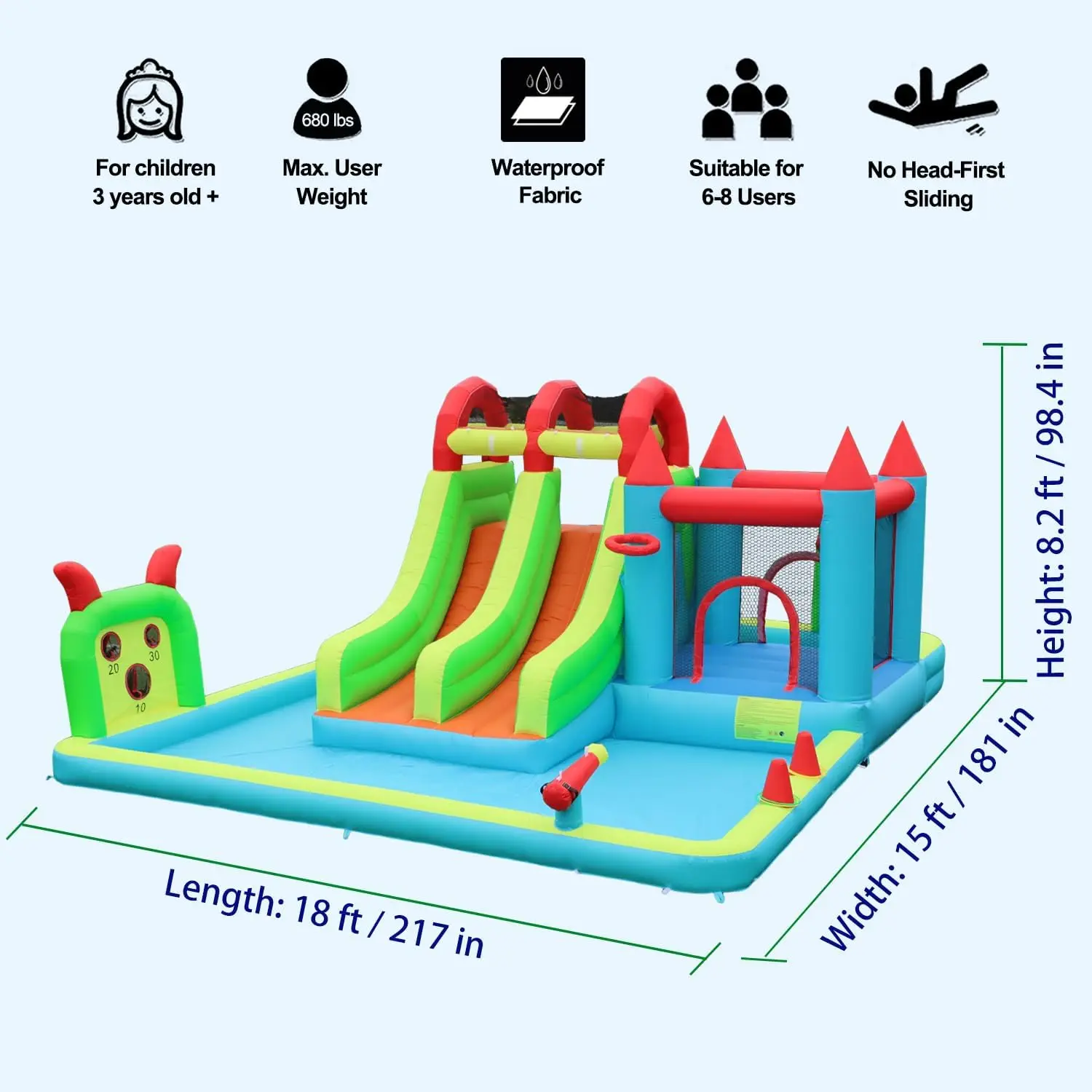 Inflatable Water Slide Park 18x15FT Mega Bounce House for Kids | Double Waterslide, Large Splash Pool, Deep Pool, Tunnel, Shower view 3
