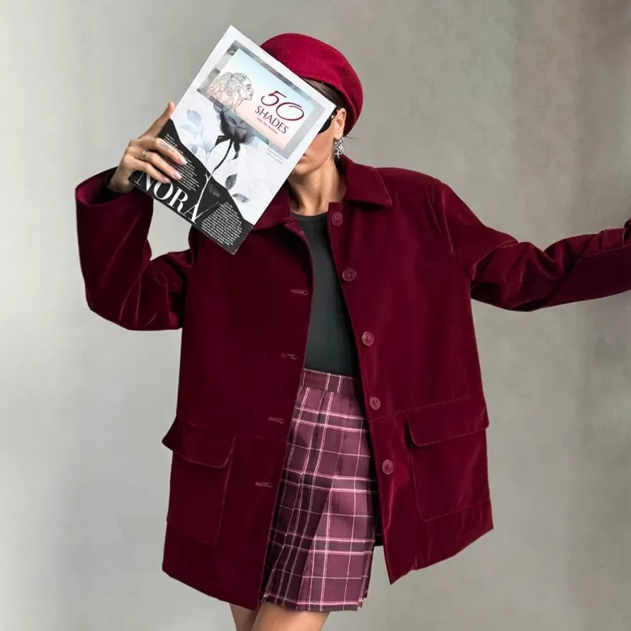 2025 Retro Weinrote Jacke Herbst Winter Samt Oberbekleidung Einreiher Langarm Mode Kleidung Damen High-End-Mäntel