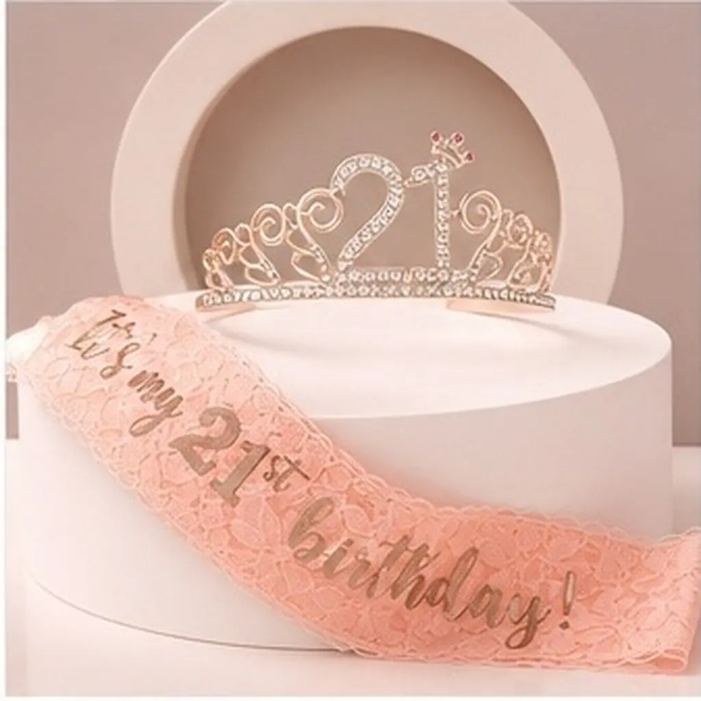 2Pcs Birthday Party Crown Hair Band and Gold Glitter Letter Printing Sash Set Adjustable for Special Celebration Supplies