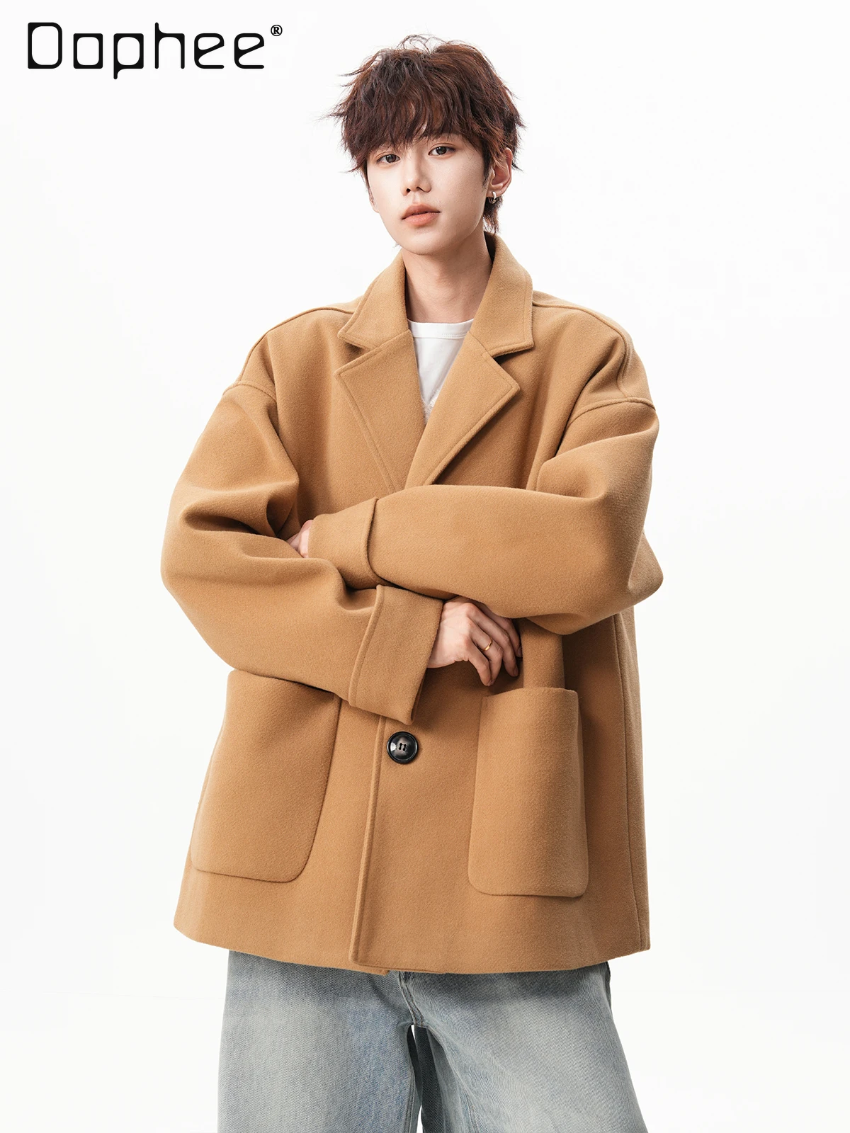 Autumn Winter New Commuter Style High-end Men's Khaki Black Apricot Loose Casual Turn-down Collar Single-breasted Woolen Coat