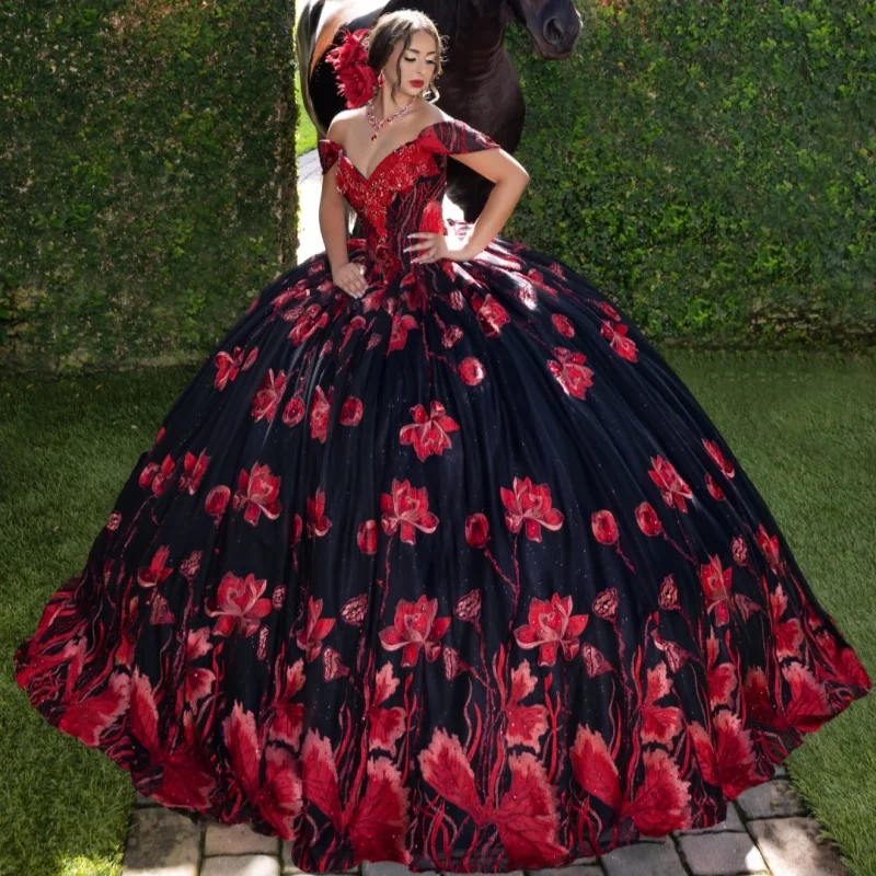 

Black Quinceanera Dress off-shoulder Lace crystal glitter flower decal Long tail vestidos de 15 Quinceanera ﻿Customize