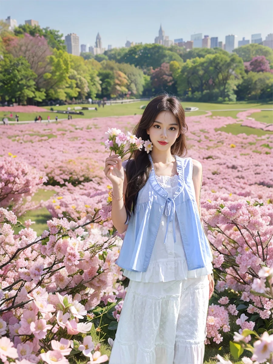 

French Style Sweet Summer Blouse Girl's Sleeveless Shirt with Lace Trim Atmosphere Feeling Girls' Fashionable Top without Sle...