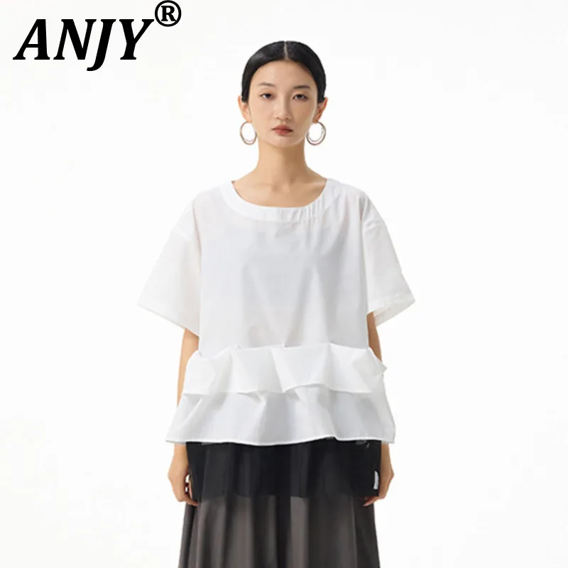 

ANJY Summer New Women Fashion Patchwork Contrast Color O-Neck Short Sleeve Ruffle T-shirt Elegant Stylish High Street Top A22252