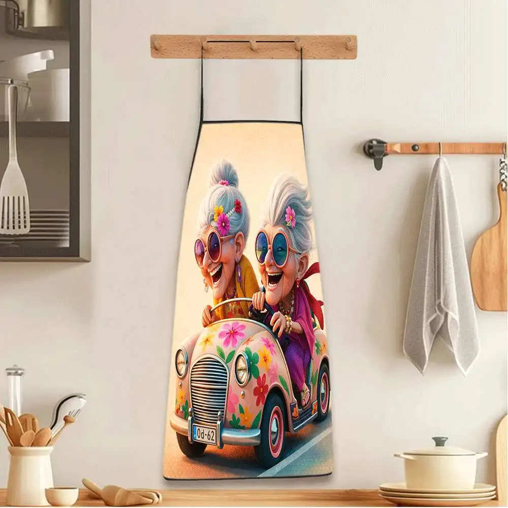 Funny Grandma Car Print Kitchen Apron 3D Cartoon Old Ladies Driving Vehicle Pattern Chef Cooking Bibs Linen Waterproof Baking