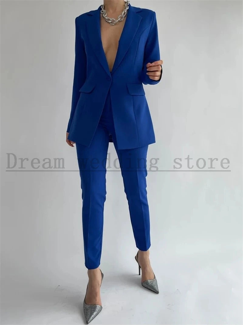 Azul feminino calça ternos conjunto 2 pçs blazer caber fino formal senhora do escritório jaqueta um botão vestido de baile feito sob encomenda roupa casaco