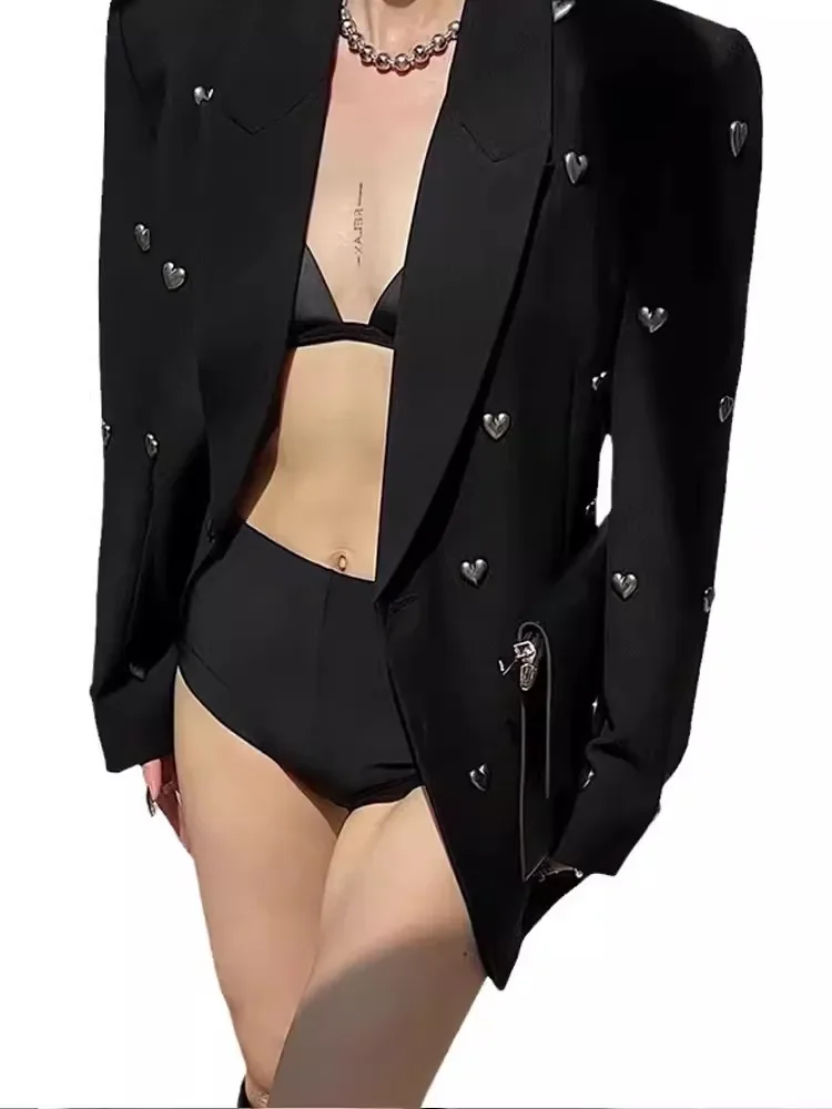 Spring Autumn New Black Heavy Industry Diamond-encrusted Suit Jacket Female High-end Design Sense Minority Street Blazer E14