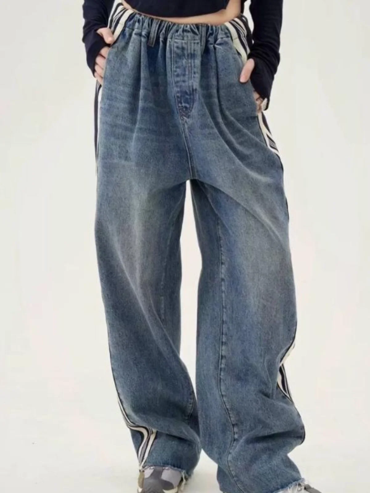 

Women's Vintage Faded Straight Leg Jeans Color Blo Stripes Elastic Waist Loose Fit Long Pants Denim Blue l Waist