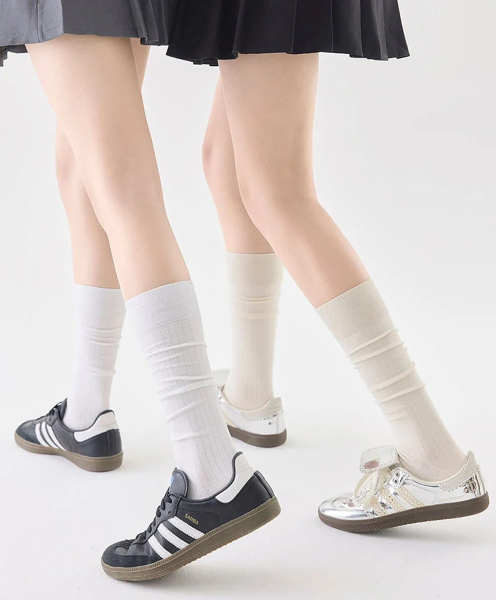 Lolita Bubble Socks Women Solid Color Thin Breathable Mid Calf Socks JK Striped Long Socks Black White Fashion Versatile Socks