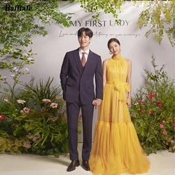 Bafftafe Yellow Tulle Korea Prom Dresses For Women High Neck Pleated Formal Special Occasion Dress Evening Gowns Customized