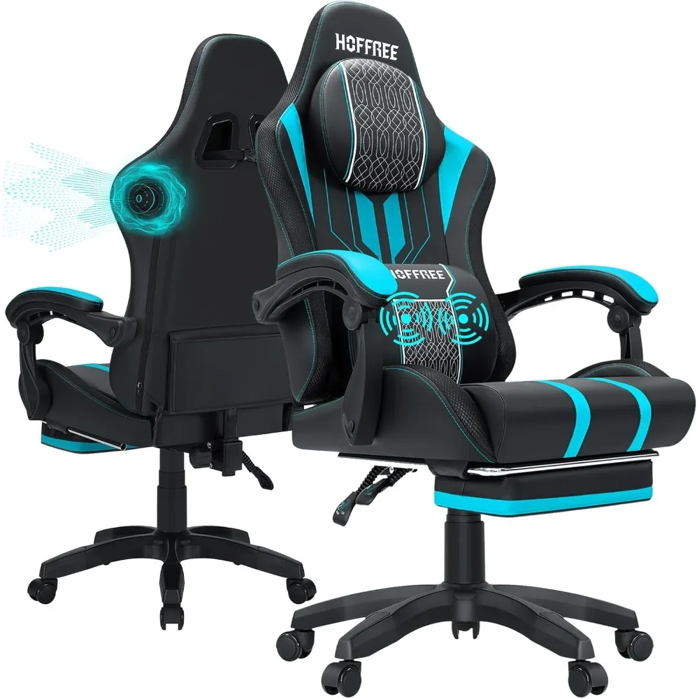 HOFFREE Gaming Chair with Bluetooth Speakers Big and Tall Video Game Chair with Massage and Footrest for Heavy People Adults Blu