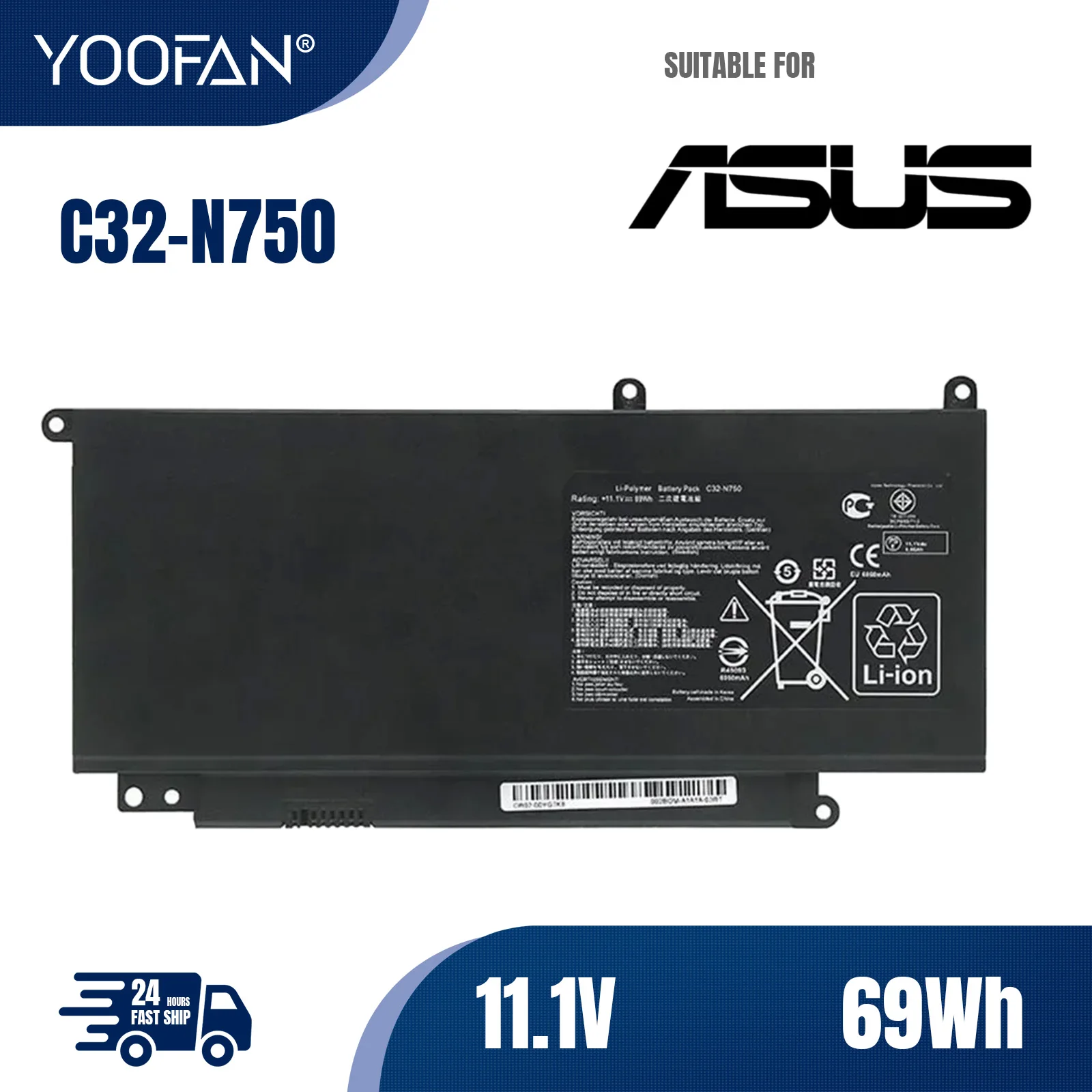 YOOFAN Batería C32-N750 для ordenador портативный, Pila 11,1 В и 6260 мАч для ASUS N750, N750J, N750JK, N750JV, N750Y47JK-SL YOOFAN Batería C32-N750 для ordenador портативный, Pila 11,1 В и 6260 мАч для ASUS N750, N750J, N750JK, N750JV, N750Y47JK-SL
