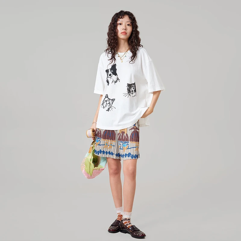 MOVEUP Round Neck Short Sleeve T-shirt 2026 Summer New Hand-painted Cat Puppy Printed Casual Loose Top For Women 3ELX10570
