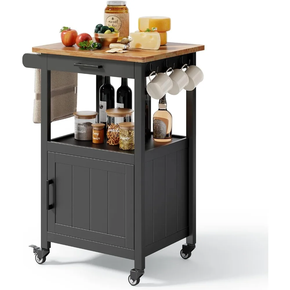 

Rolling Kitchen Cart with Drawer Storage Cabinet Shelf Side Hook Rubber Wood Countertop Microwave Stand for Small Spaces