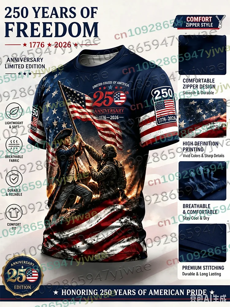 America 250th Anniversary 3D-Druck-T-Shirt für Herren, USA-Flagge 1776–2026, patriotische Kleidung zum amerikanischen Unabhängigkeitstag, Eltern-Kind-Oberteil – Detail 9