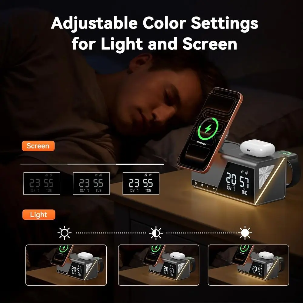 محطة شحن لاسلكية عالمية مع 6 وظائف: ساعة منبه، ضوء ليلي، منضدة، شاحن MagSafe، شحن سريع لـ i #4