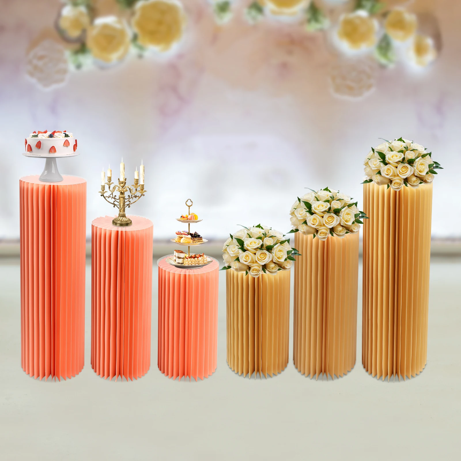 3Pcs Foldable Paper Columns Display Pedestals Stands for Wedding Engagement Birthday Party Decoration (Light Pink/Champagne)