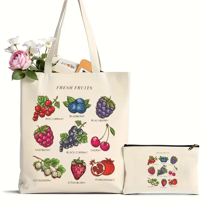 

2Pcs Fresh Aesthetic Fruit Pattern Design Canvas Bag For Women, Cute Grocery Bag For Shopping Travel Beach Shoulder Bag