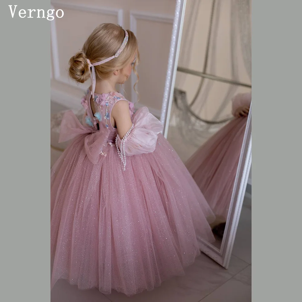 

Verngo Pink Tulle Appliques Girl Flowers Dresses Elegant Princess A Line Ball Gowns Tutu Birthday Party Dresses Customized