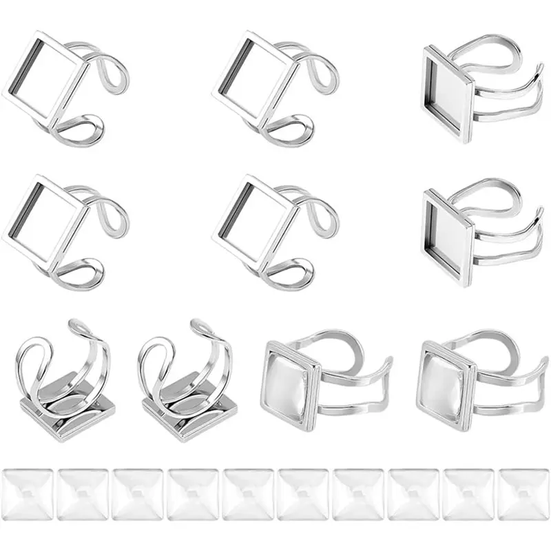 

【TODAY-ONLY!】Blank Stainless Steel Finger Rings 10 Pieces 12X12mm Components With 10Pcs Transparent Glass For Jewelry Making Set