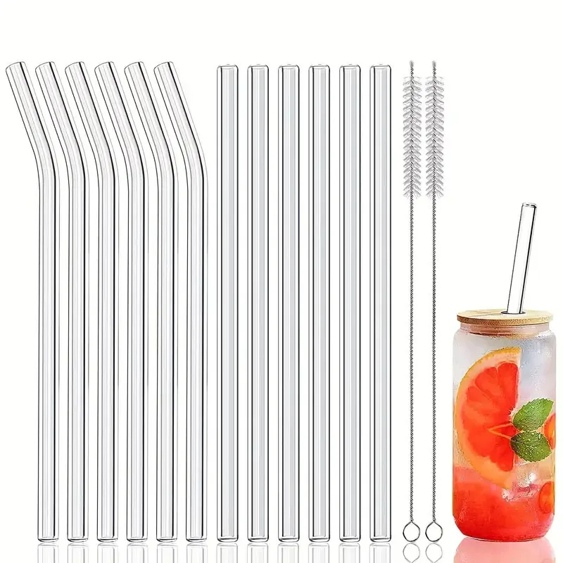 4/6/8/10pcs Transparent Glass Straws Juice Milk Coffee Cola Straws Creative High Temperature Resistant Glass Straws