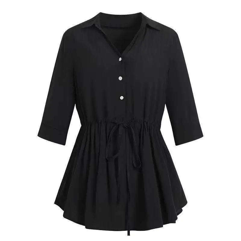 Elegant Fashion Casual Solid Button Belt Chiffon Shirt Summer 2023 Half Sleeve Polo-Neck Loose Pullovers Blouse Women\'s Clothing