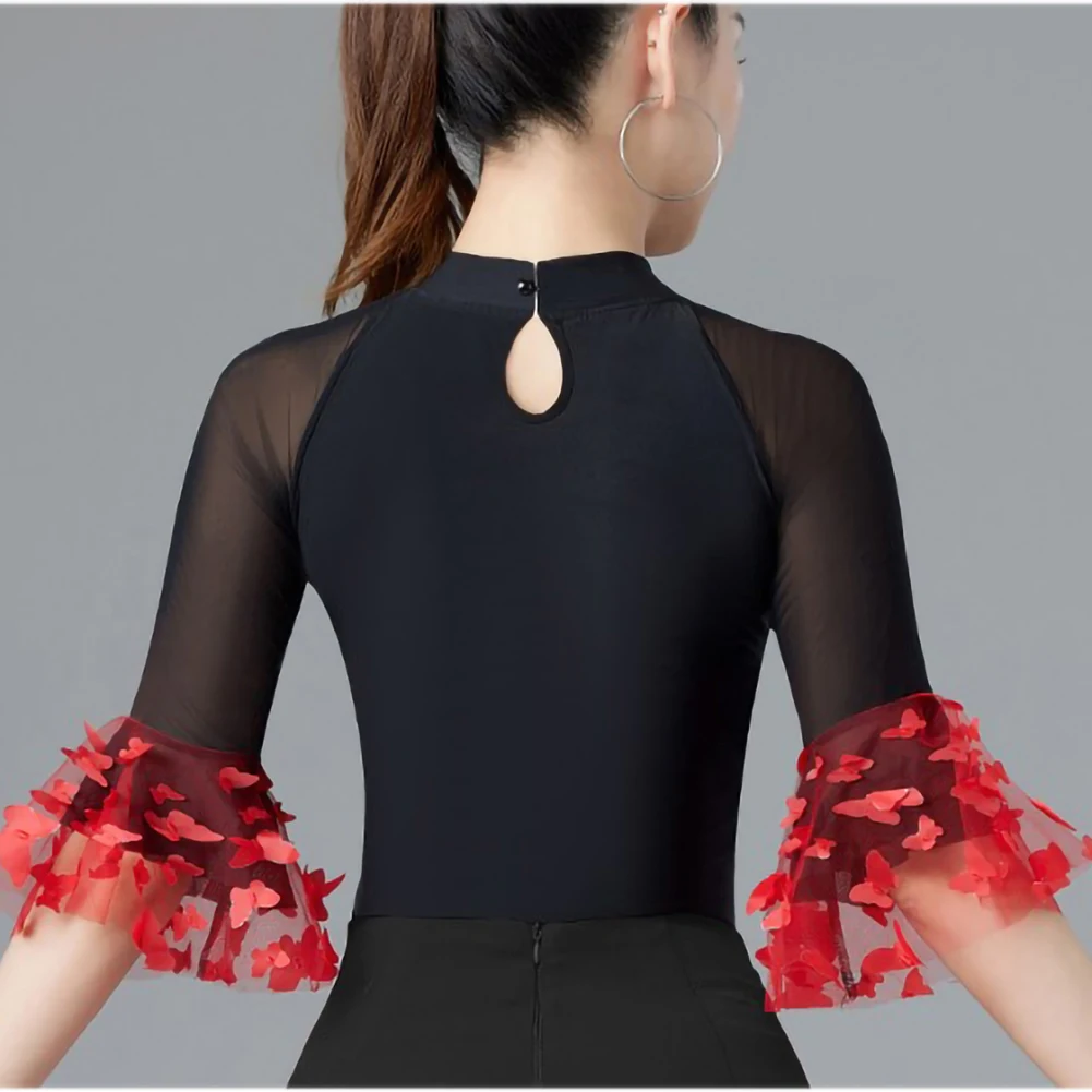 Jumpsuit New Latin Dance Gauze Mid-Sleeve Top Women's Exquisite Samba High Neckline Purple Lady Red Practice Performance Top