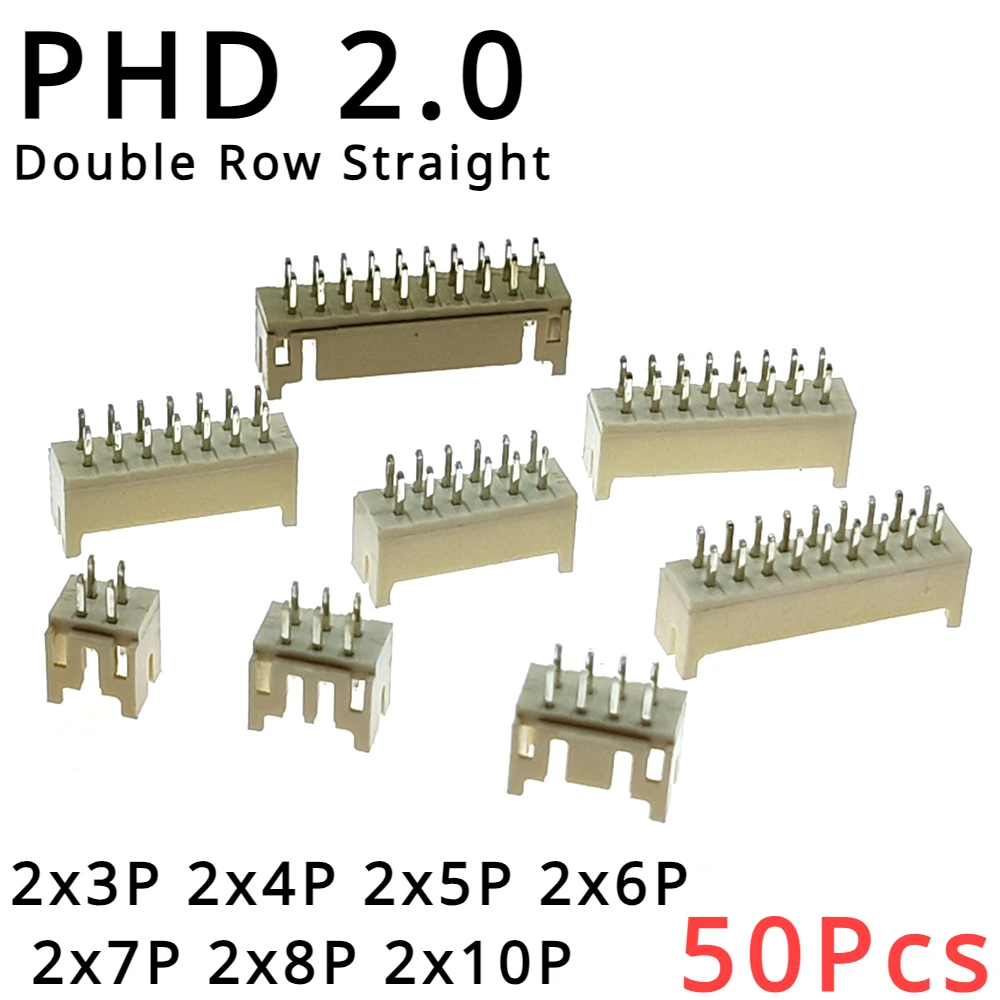 50Pcs PHD 2.0 Double Row Straight Pin Male Header PHD 2.0mm Pitch 2x3P 2x4P 2x5P 2x6P 2x7P 2x8P 2x10P