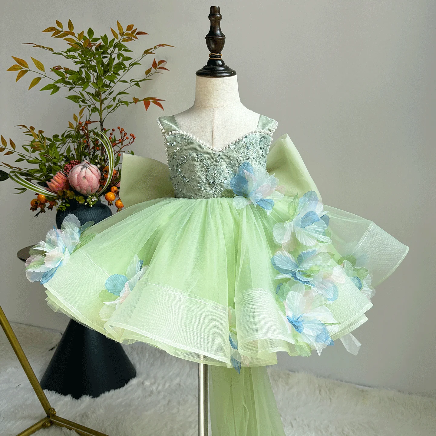 Jill Wish J873 Sage Green Flower Girl Dress Lovely Handmade Flowers Pearls with Train Princess Kids Wedding Birthday Party Gown