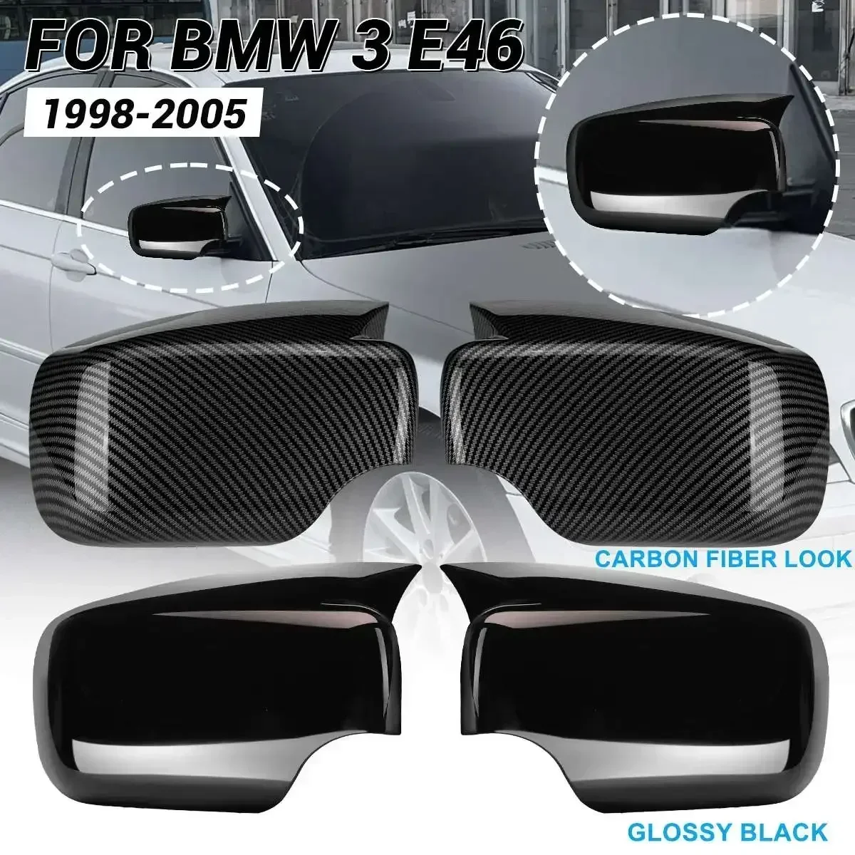 2X Rearview Mirror Cover Cap Carbon Fiber / Black For BMW E46 E39 4door 325i 330i 525i 530i 540i 1998 1999 2000 2001 2002-2005