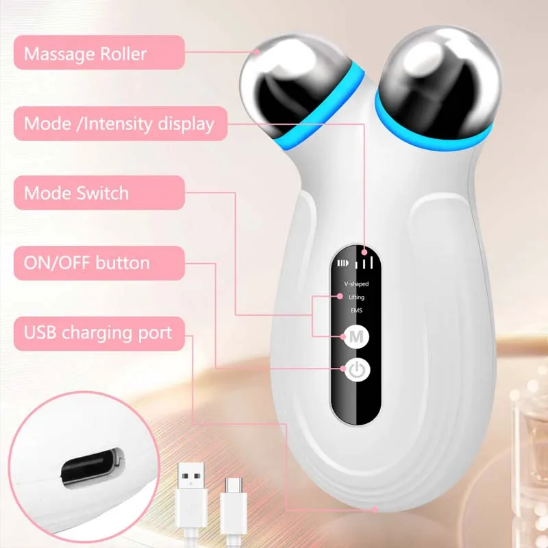 Czerwono-niebieskie światło EMS Urządzenie do pielęgnacji twarzy Przenośny roller liftingujący Odmładzanie skóry Narzędzie do pielęgnacji twarzy i oczu