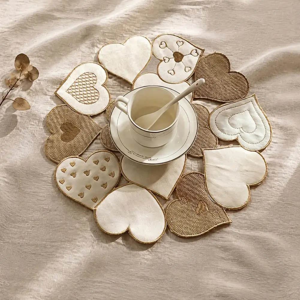 Polyester Fiber Mats for Kitchen Decor Heart Round Placemat Embroidered Hollow-out Table Mat Vintage for Dining for Dining