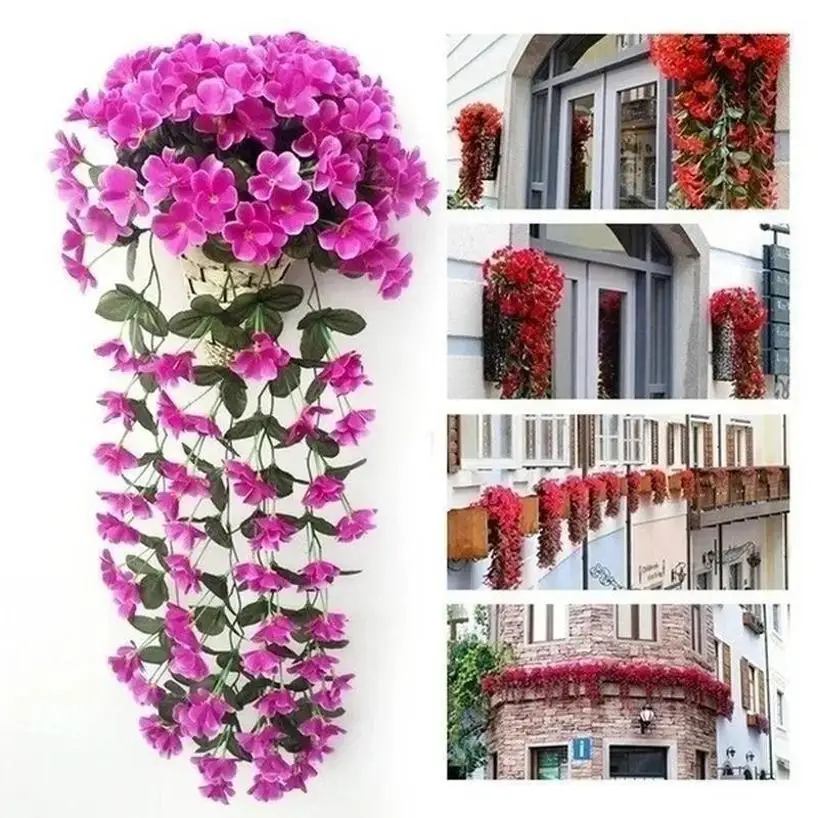 Cesta colgante flores artificiales violeta – Orquídea seda San Valentín - imagen 4