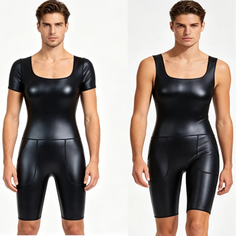 Men's Shapers PU Leather U Neck Tops Short Pants Bodysuit Jumpsuit Waist Trimmers Corsets Leggings Tank Tops Shapewear Bodysuit